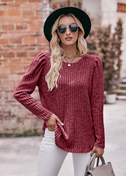 Women round-Neck Puff Sleeve Brushed Sunken Stripe Solid Color Upper Clothes Long Sleeves T-shirt