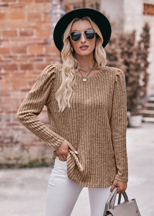 Women round-Neck Puff Sleeve Brushed Sunken Stripe Solid Color Upper Clothes Long Sleeves T-shirt