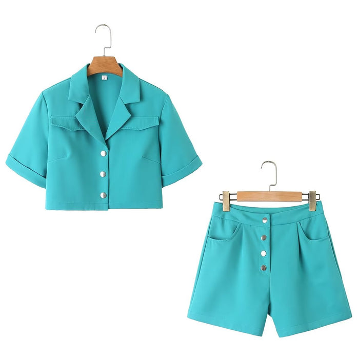 Collared Single Breasted Short-Sleeved Top High Waist Solid Color Shorts Summer Casual Two-Piece Set Women