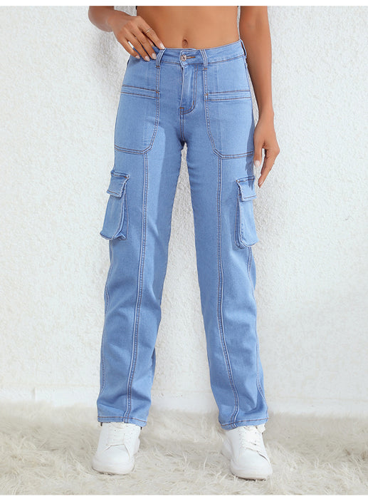 High Waist Jeans Women Spring Autumn Straight Leg Pants Loose Elastic Big Workwear Pocket Jeans