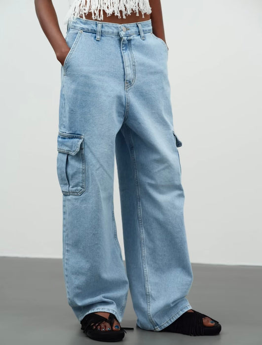 Light Blue Jeans for Women Summer Sexy Big Pocket Straight Cargo Trousers