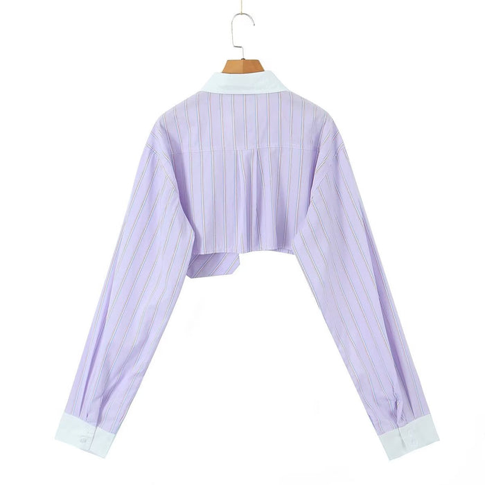 Summer Women Clothing Contrast Color Stitching Stripe Long Sleeves Short Shirt Top