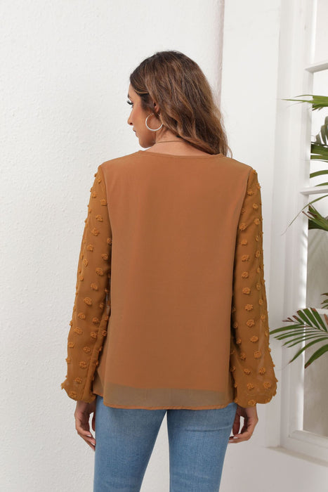 Spring Summer Women Clothing V neck Chiffon Shirt Stitching Long Sleeved Top Women with Lining