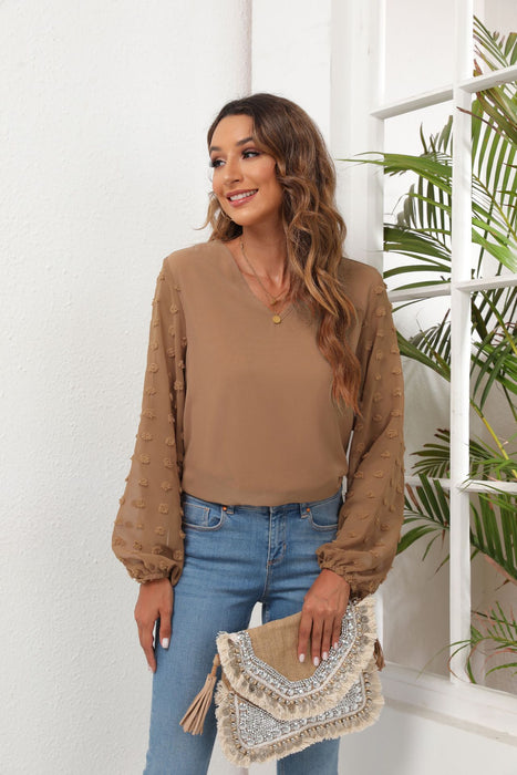 Spring Summer Women Clothing V neck Chiffon Shirt Stitching Long Sleeved Top Women with Lining