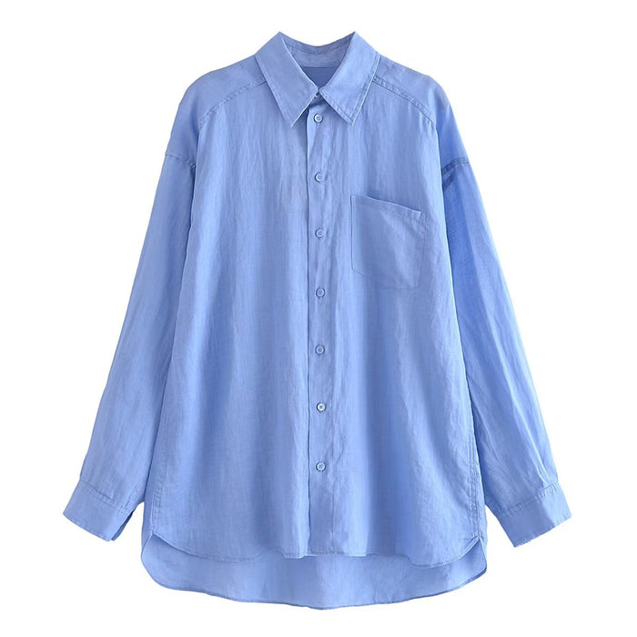 Spring Women Collared Pocket Long Sleeve Loose Shirt Top