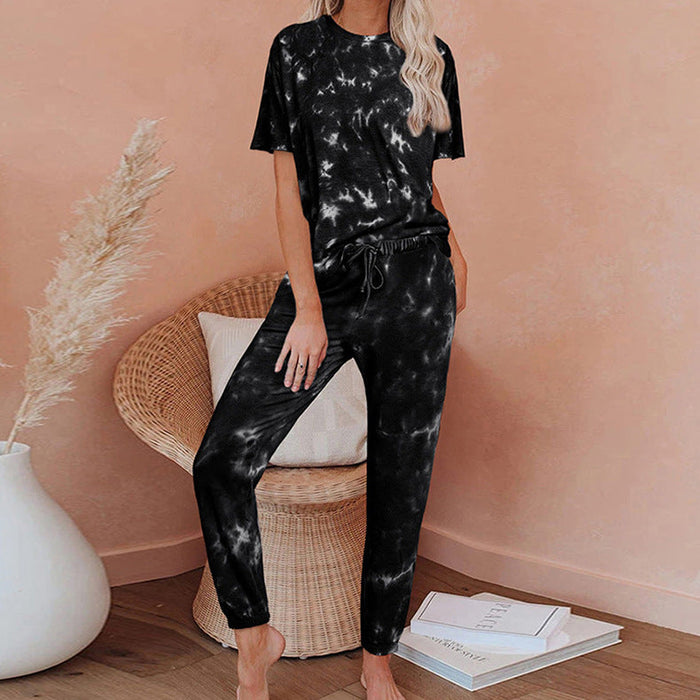 Women Short Sleeve Gradient Print Tie Dye Pajamas Home Wear