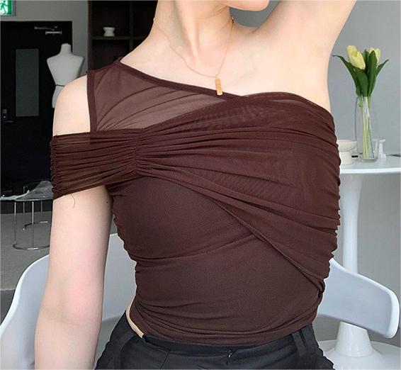 Sexy Pure Diagonal Collar One Shoulder Solid Color Mesh Top Women Irregular Asymmetric Design Summer