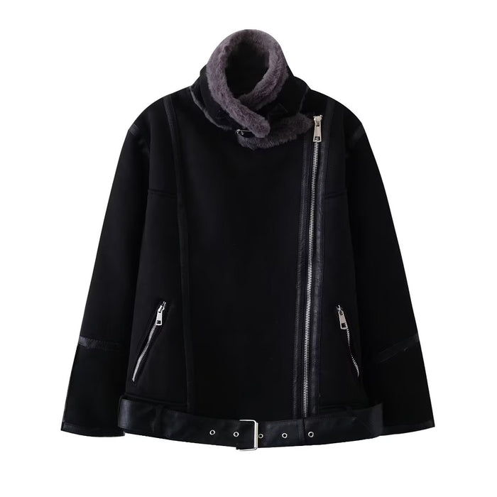 Women Clothing Rabbit Fur Stand Collar Zipper Ornament All Matching Long Sleeved Jacket Coat