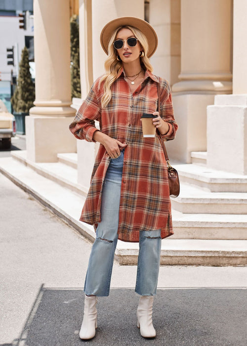 Women Autumn Winter Casual Loose Long Trench Coat Plaid Shirt