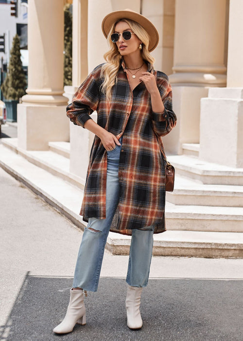 Women Autumn Winter Casual Loose Long Trench Coat Plaid Shirt