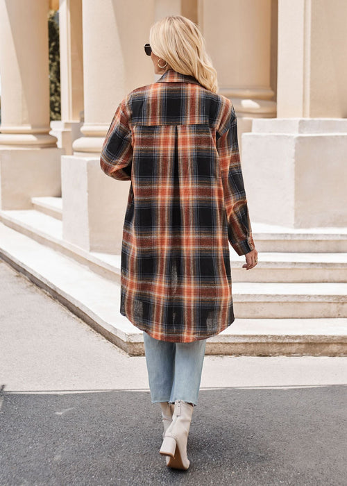 Women Autumn Winter Casual Loose Long Trench Coat Plaid Shirt