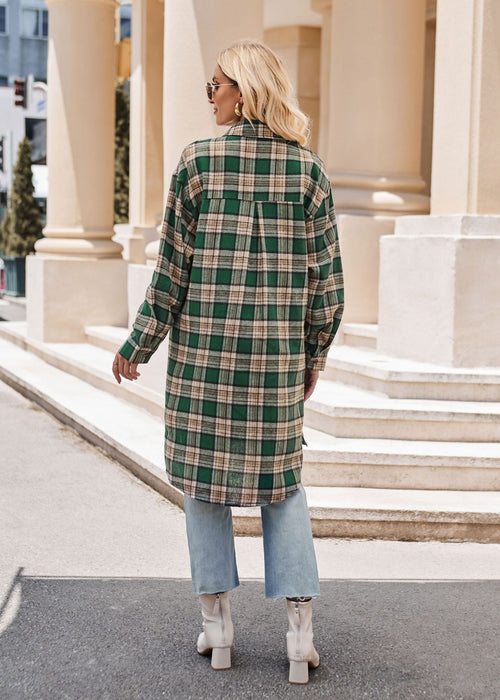 Women Autumn Winter Casual Loose Long Trench Coat Plaid Shirt