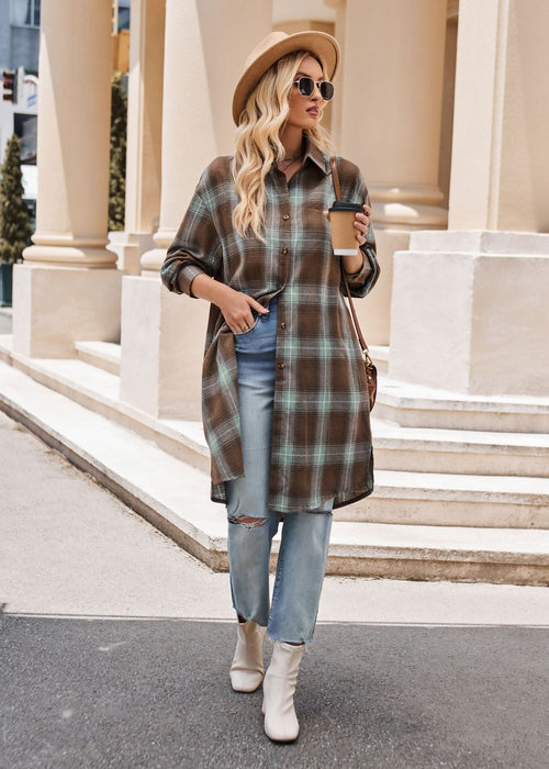 Women Autumn Winter Casual Loose Long Trench Coat Plaid Shirt