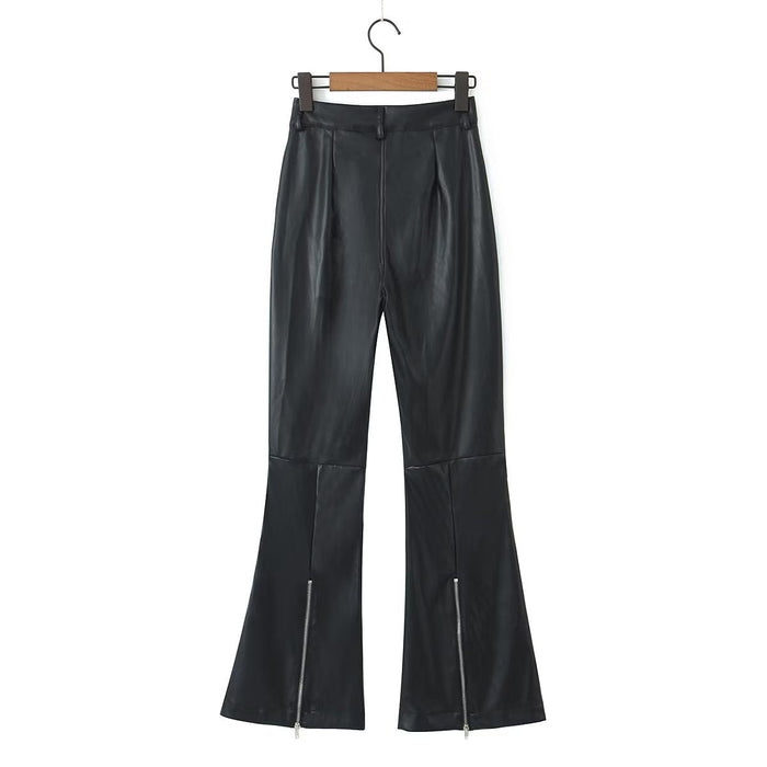 Sexy Black Faux Leather Pants Women Autumn High Street Pants Opening Zipper Straight Bootcut Trousers