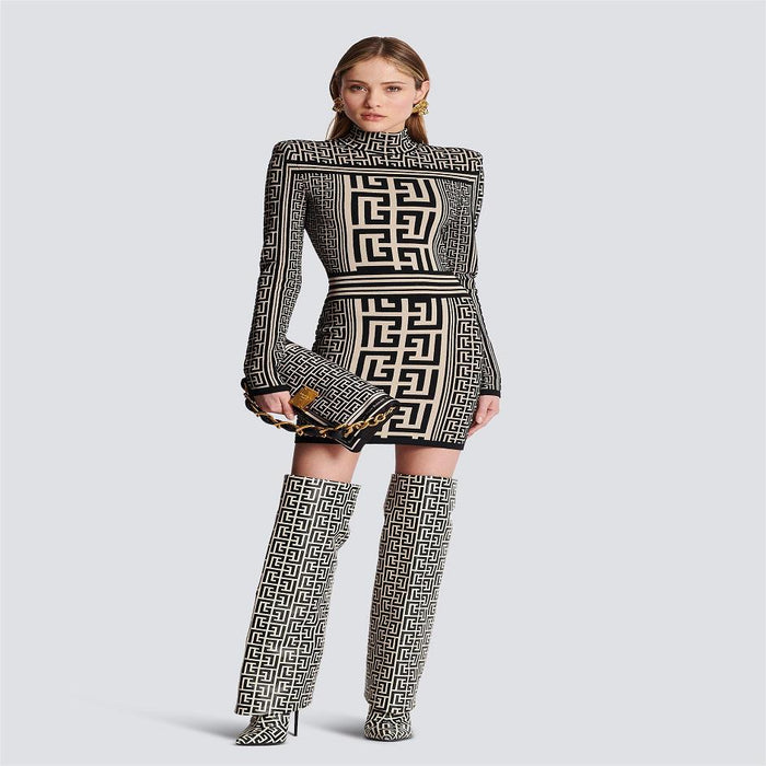 Elegant Jacquard Trend Maze Pattern Half High Collar Long Sleeves Slim Fashionable Stylish Knitted Zipper Women Dress