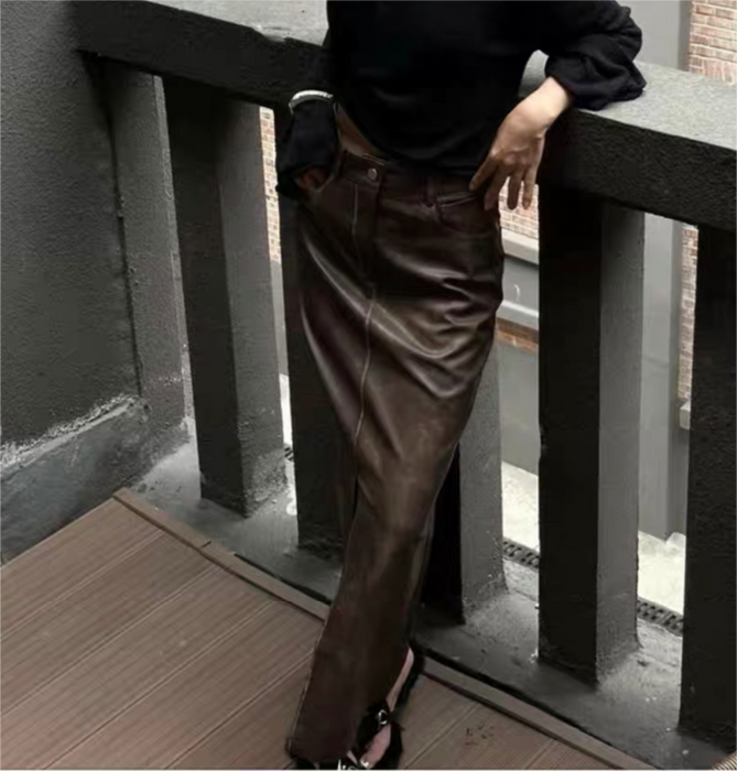 Women Sexy Casual Versatile Split Leather Half Skirt