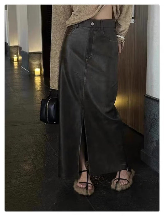 Women Sexy Casual Versatile Split Leather Half Skirt