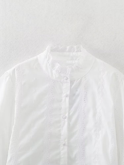 Women Clothing French Dignified Hollow Out Cutout Embroidered Shirt