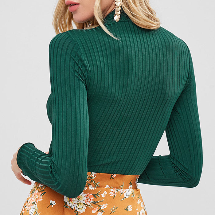 Autumn Winter Half-High Collar Solid Color Long-Sleeved Knitted T- Slim-Fit Women Cropped Top Sweater