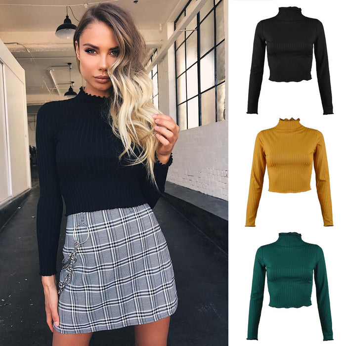 Autumn Winter Half-High Collar Solid Color Long-Sleeved Knitted T- Slim-Fit Women Cropped Top Sweater