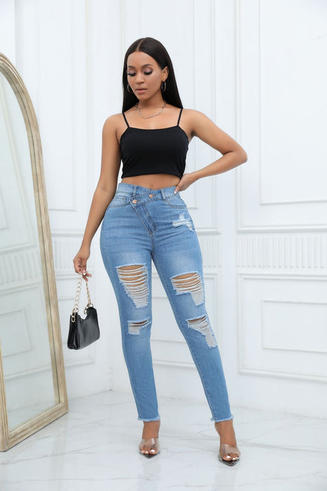 Autumn High Quality Design Diagonal Buckle Women High Waist Skinny Jeans