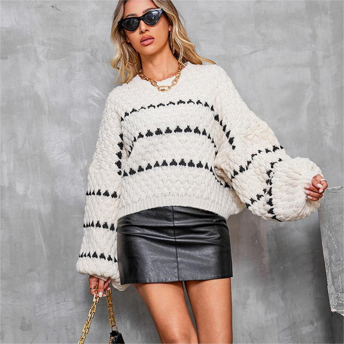 Striped Round Neck Pullover Thick Needle Sweater Women Loose Lazy Autumn Winter Long Sleeve Sweater Outerwear Top Trendy