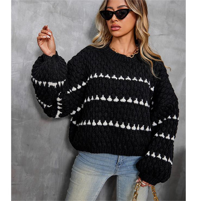 Striped Round Neck Pullover Thick Needle Sweater Women Loose Lazy Autumn Winter Long Sleeve Sweater Outerwear Top Trendy