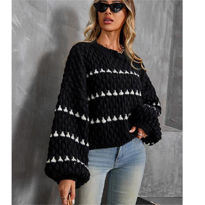 Striped Round Neck Pullover Thick Needle Sweater Women Loose Lazy Autumn Winter Long Sleeve Sweater Outerwear Top Trendy