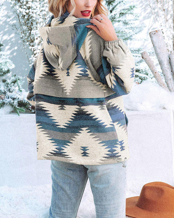 Western North America Aztec Woolen Baggy Coat Autumn Winter Ethnic Hooded Coat Women