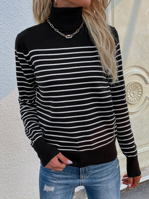 Autumn Winter Striped Women Clothing Turtleneck Sweater Women Striped Pullover Knitwear Women