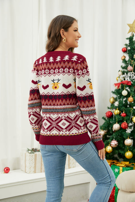 Women Jacquard Cute Deer Knitwear Loose Thickened Round Neck Sweater