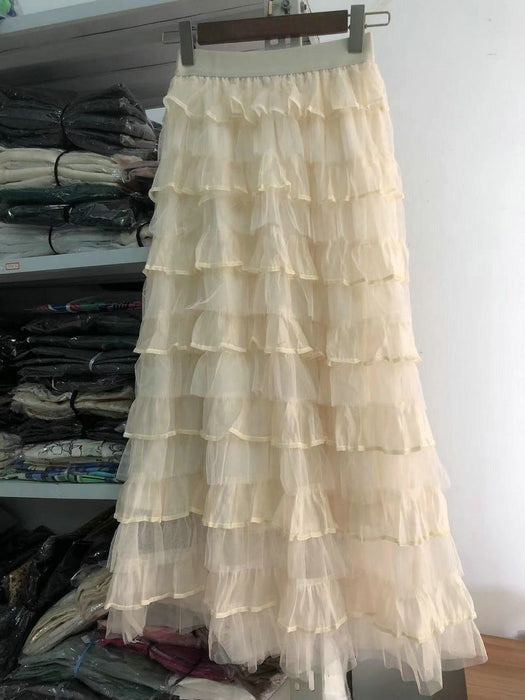 Fall Winter French Gentle Design Ruffled Mesh Cake Half Length Tulle Tutu Skirt Women