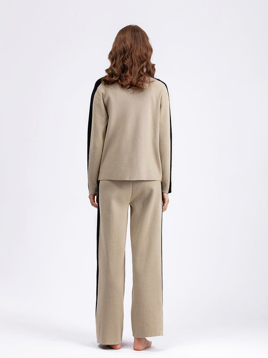 Neck Sweater Suit Autumn Winter Women Color Contrast Patchwork Cropped Pants Two Piece Suit