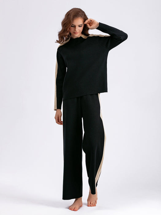 Neck Sweater Suit Autumn Winter Women Color Contrast Patchwork Cropped Pants Two Piece Suit