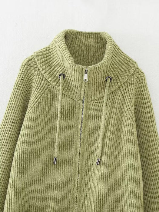 Fall Women Clothing Simple Thickening Stand Collar Zipper Sweater Long Sweater Coat