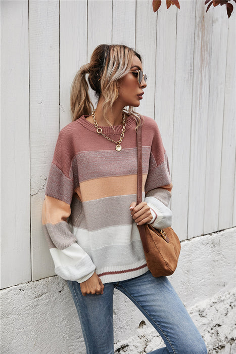 Winter Clothes Sweater Patchwork round Neck Personalized Striped Loose Sweater Sweater Women