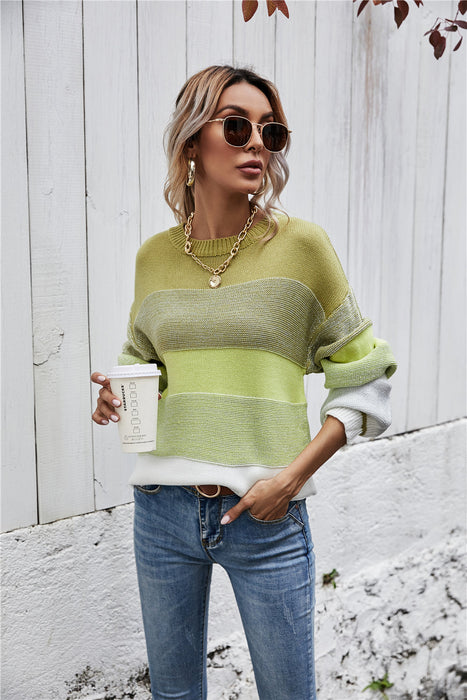 Winter Clothes Sweater Patchwork round Neck Personalized Striped Loose Sweater Sweater Women