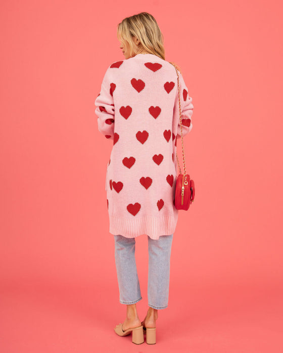 Valentine Day Heart Knitted Cardigan Love Pocket V Neck Mid Length Coat Women