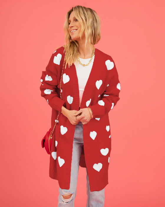 Valentine Day Heart Knitted Cardigan Love Pocket V Neck Mid Length Coat Women