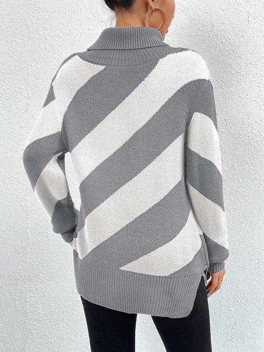 Autumn Winter Turtleneck Pullover Contrast Color Diagonal Striped Knitted Bottoming Shirt Women