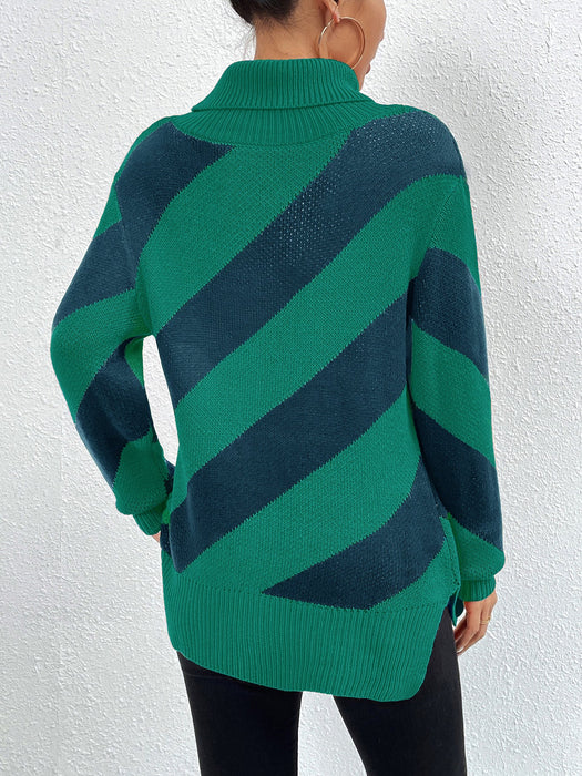 Autumn Winter Turtleneck Pullover Contrast Color Diagonal Striped Knitted Bottoming Shirt Women