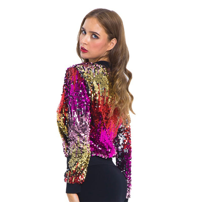 Autumn Winter Sequin Gradient Color Women   Jacket Coat