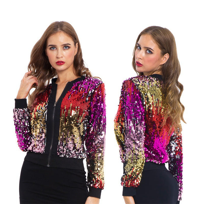 Autumn Winter Sequin Gradient Color Women   Jacket Coat