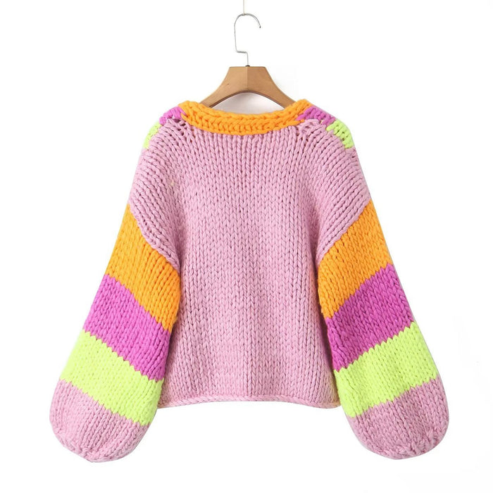 Autumn Women Handmade Color Knitted Cardigan Sweater Coat