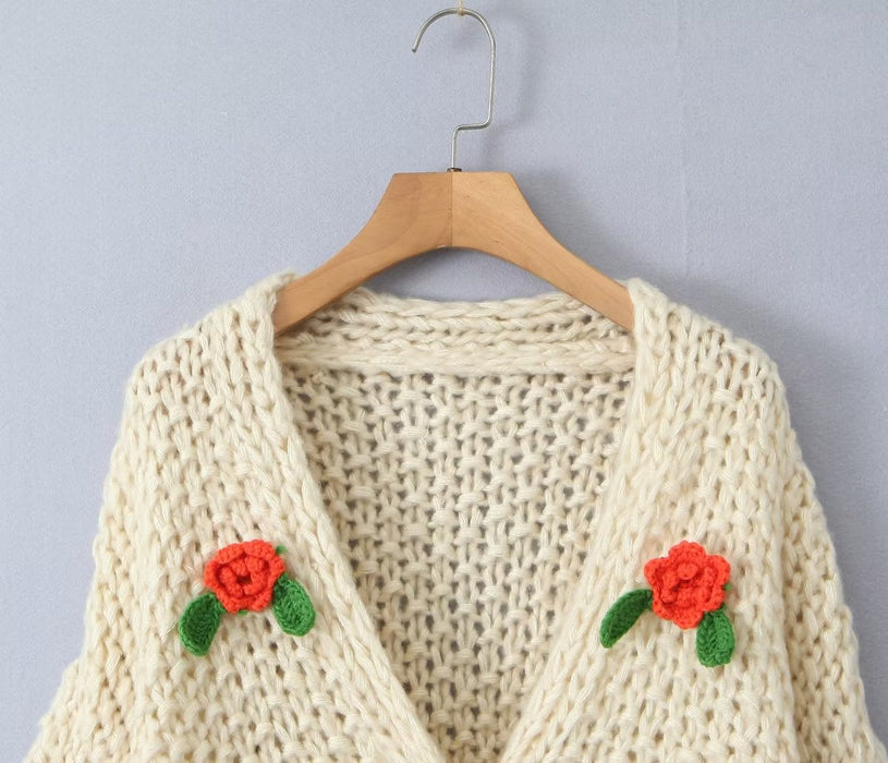 Sweet Gentle Handmade Colorful Floral Sweater Autumn Loose Lazy Top Western Youthful Looking Cardigan Coat