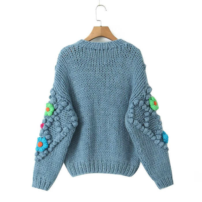 Sweet Handmade Floral Decoration Round Neck Long Sleeved Pullover Women's Autumn Winter Casual Loose Sweater