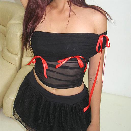 Sexy Wind Black Mesh Shoulder Short Top Women Clothing Non Matream