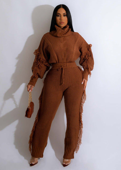 Women Clothing Casual Solid Color Knitted Long Sleeve Turtleneck Tassel Suit