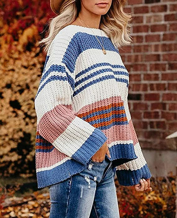 Autumn Winter Women Loose Pullover Patchwork Thick Knitwear Striped Sweater