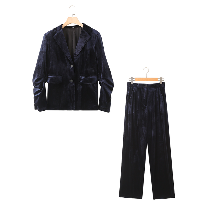 Women Clothing Solid Color Long Sleeve Velvet Pleated Blazer Velvet Trousers Suit